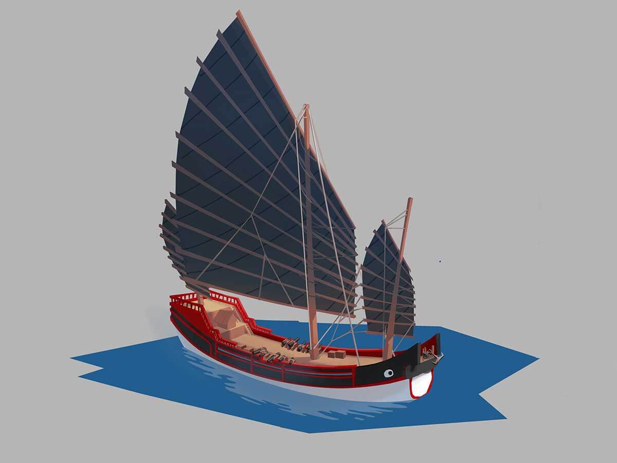 Various color iterations of a Chinese style wooden boat.