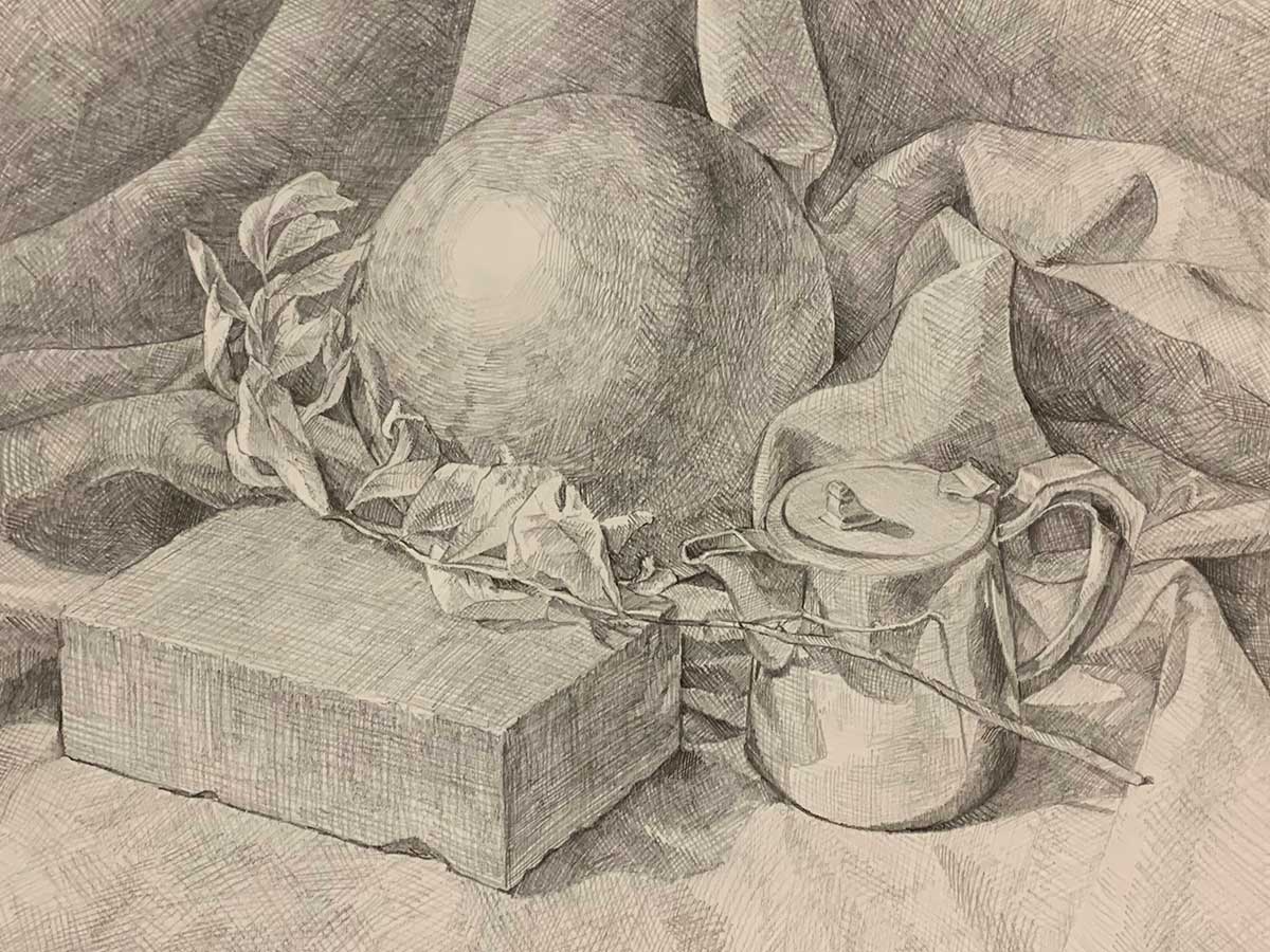 A drawing of a flower, teapot, brick, and ball arranged on a cloth.