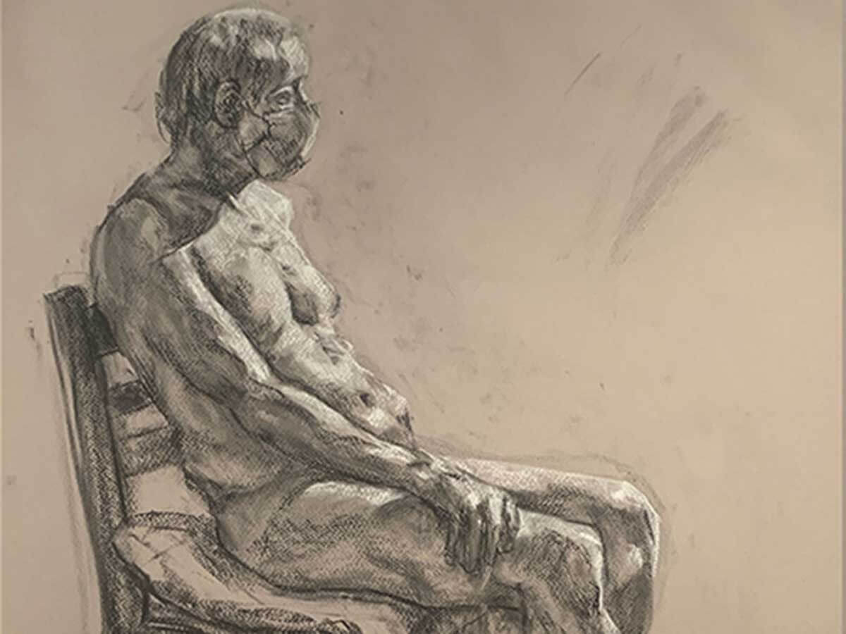 Sketch of a shirtless man sitting on a chair wearing a mask