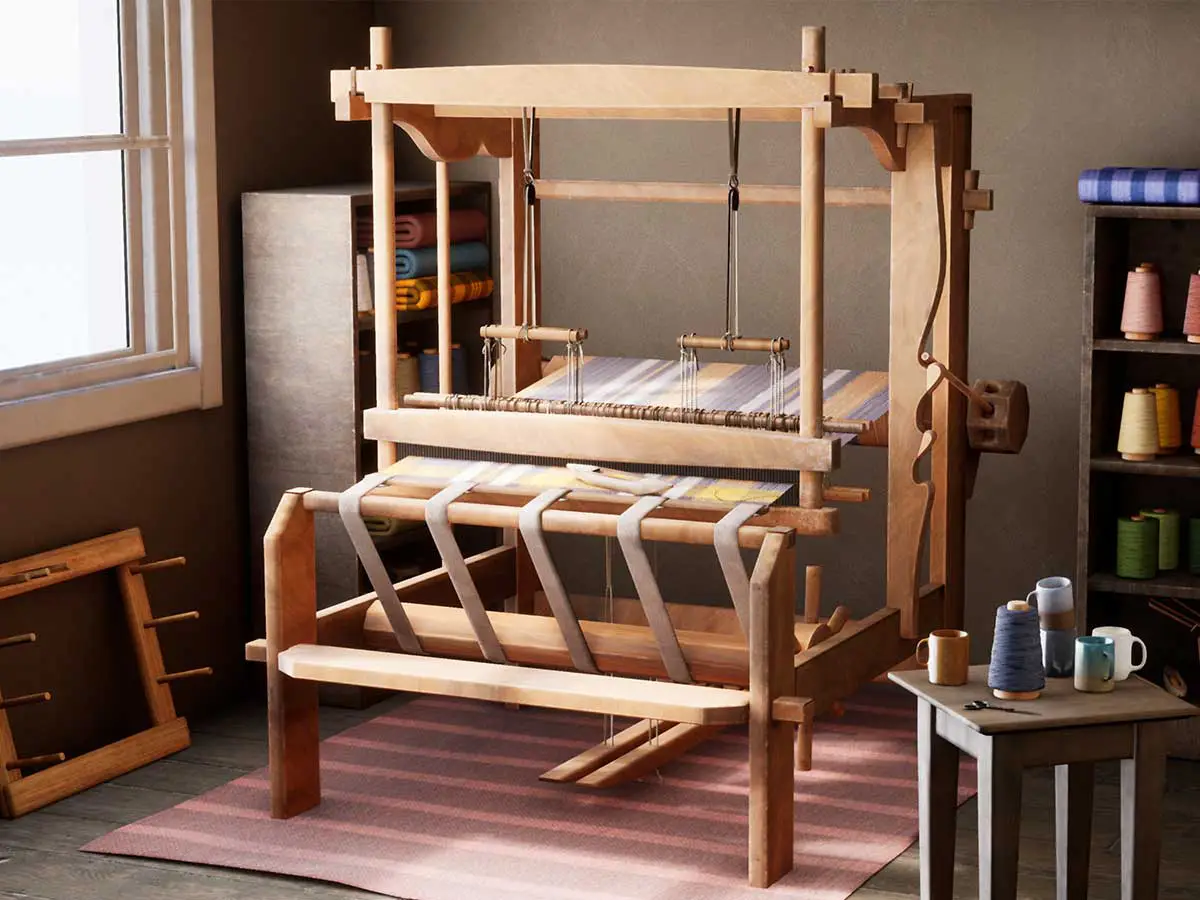 3D model of a loom along with various different colors of thread.