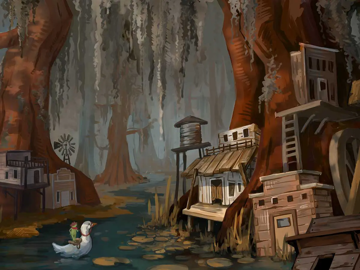 A painting of an old-west style village within a swamp.