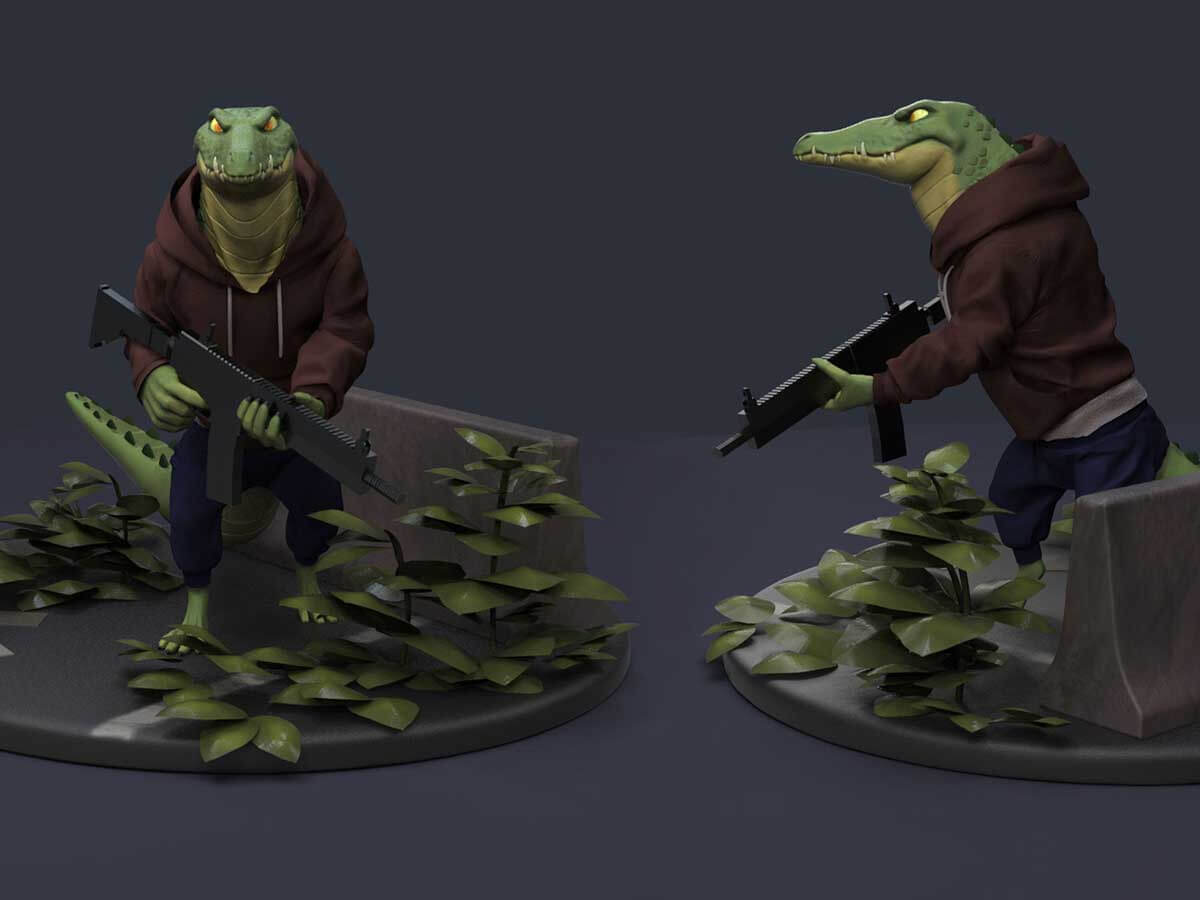 Model of a bipedal crocodile character holding a gun.
