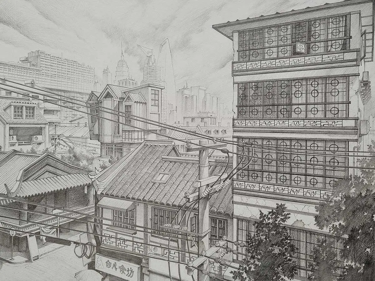 A drawing of an Asian city.