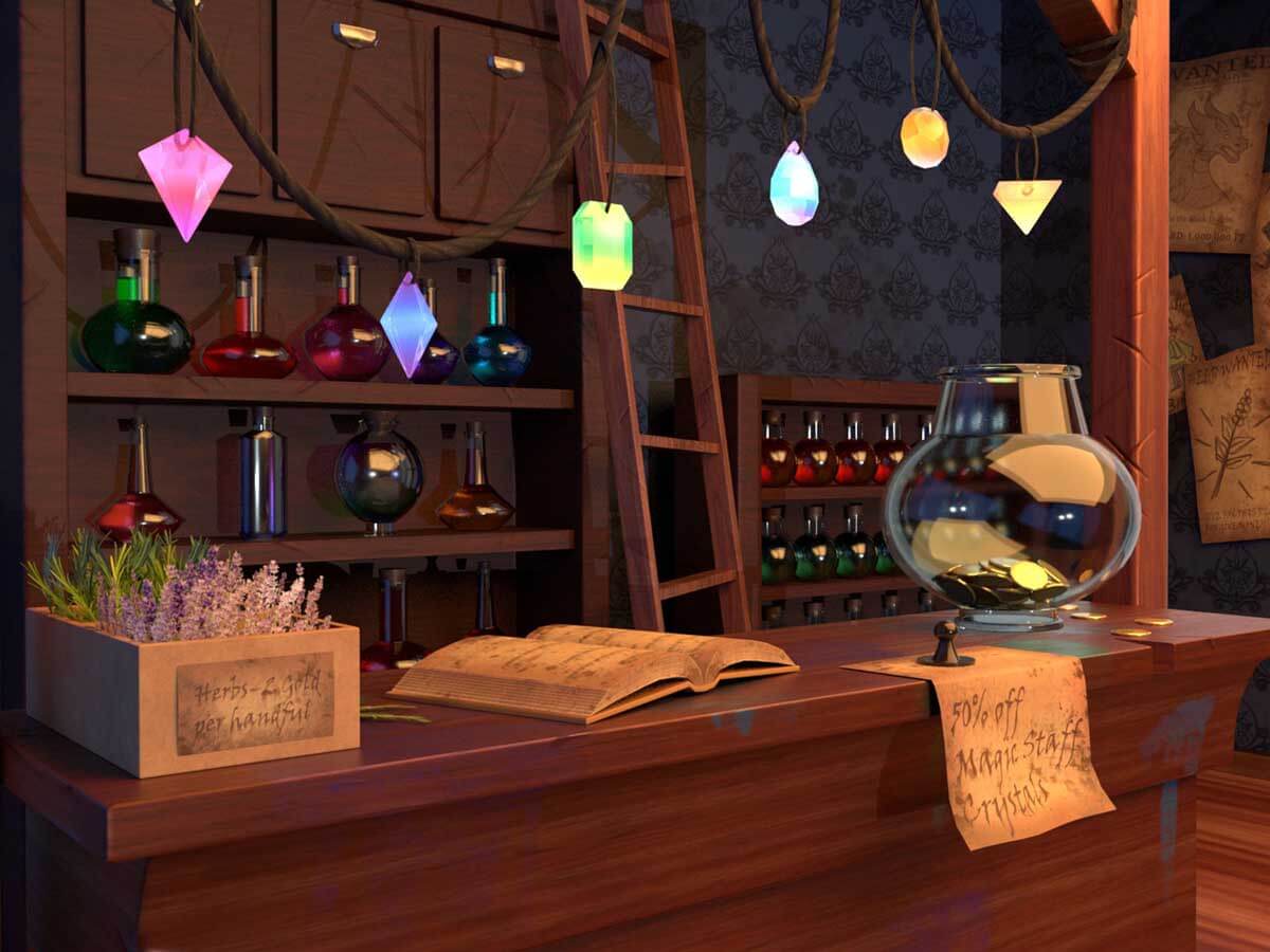 Interior of a magical potion shop viewing a front counter.