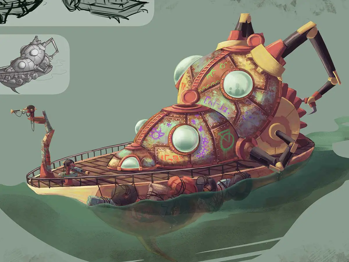 A drawing of a steampunk style boat.