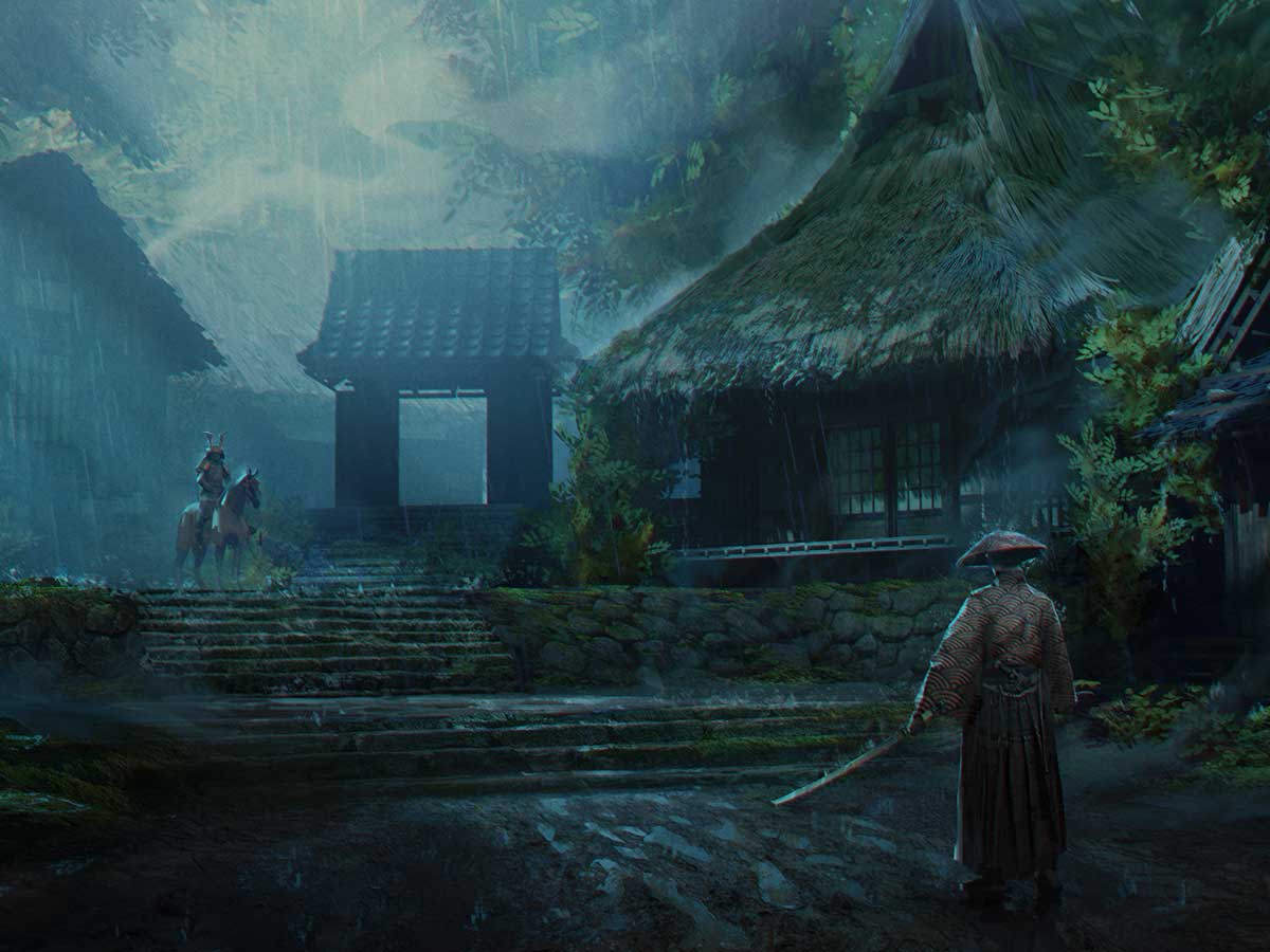 A showdown between two samurai in a dark village.