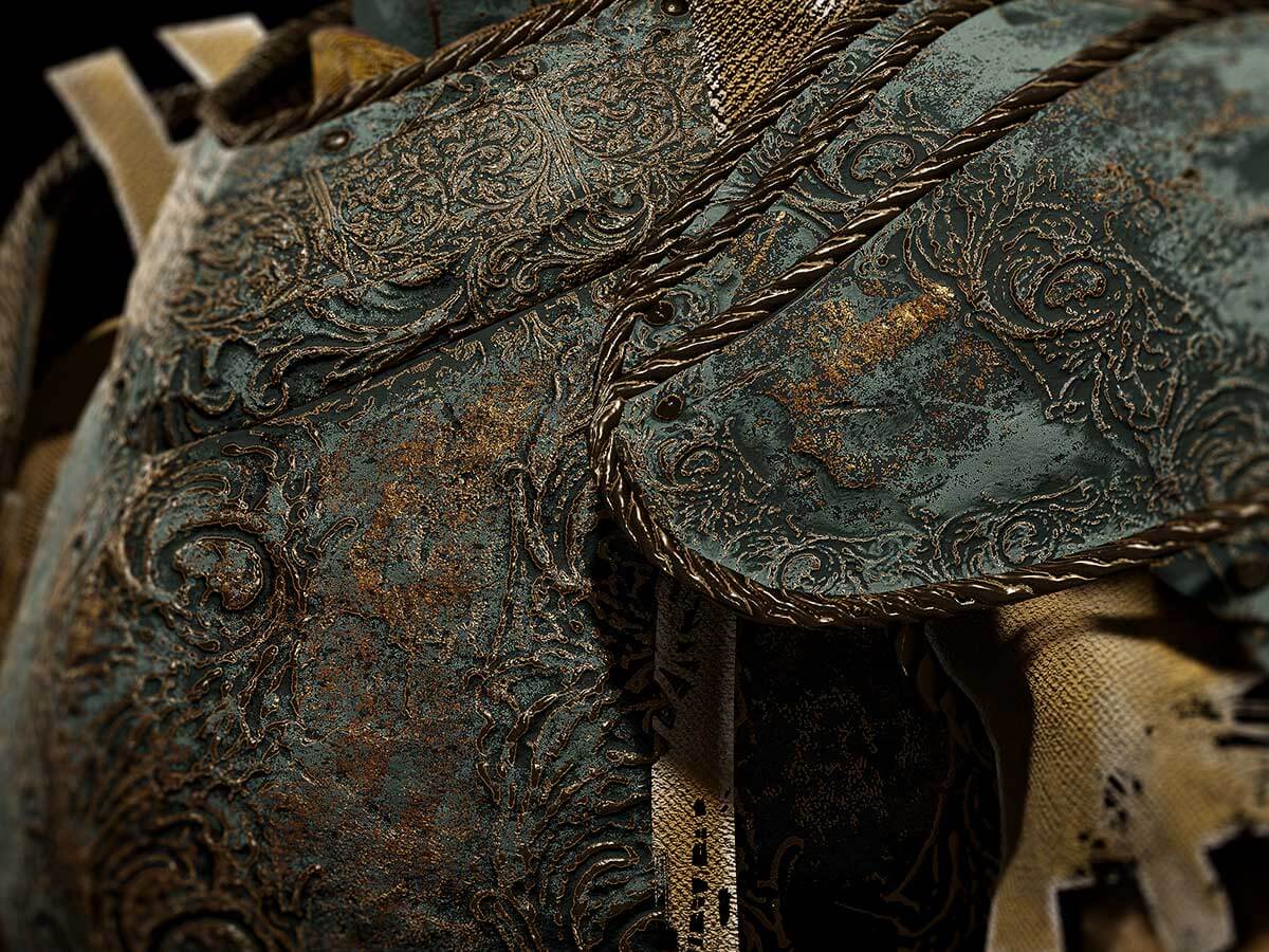 A closer look at the intricate details on the armor of a paladin.