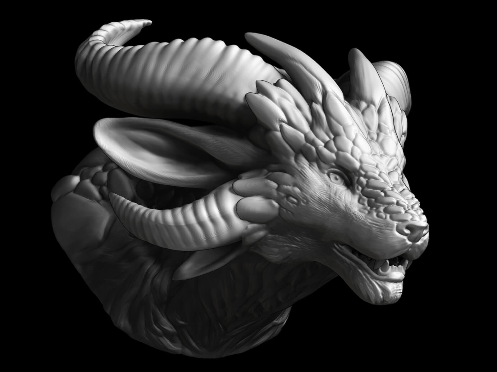 computer-generated 3D model of a creature with a lion's face and various horns extending from its head
