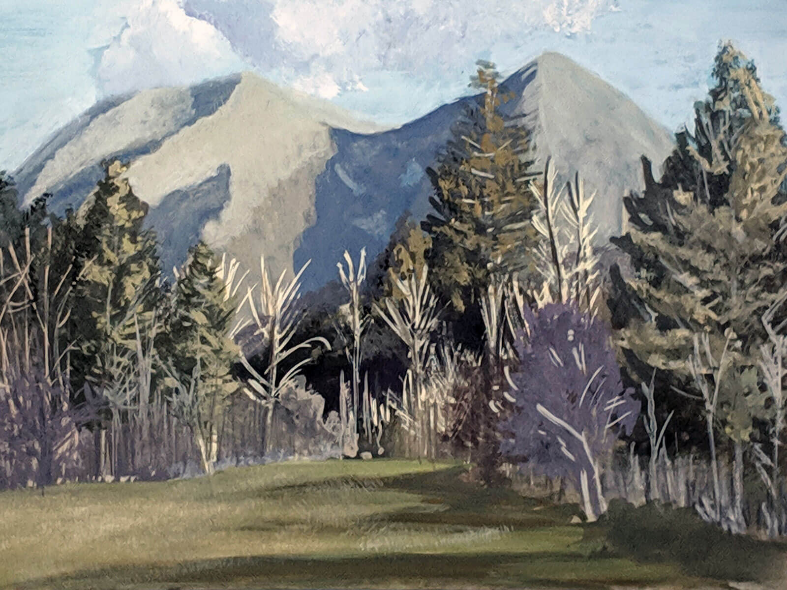 Painting of a mountain, meadow, and trees in muted grays and greens 