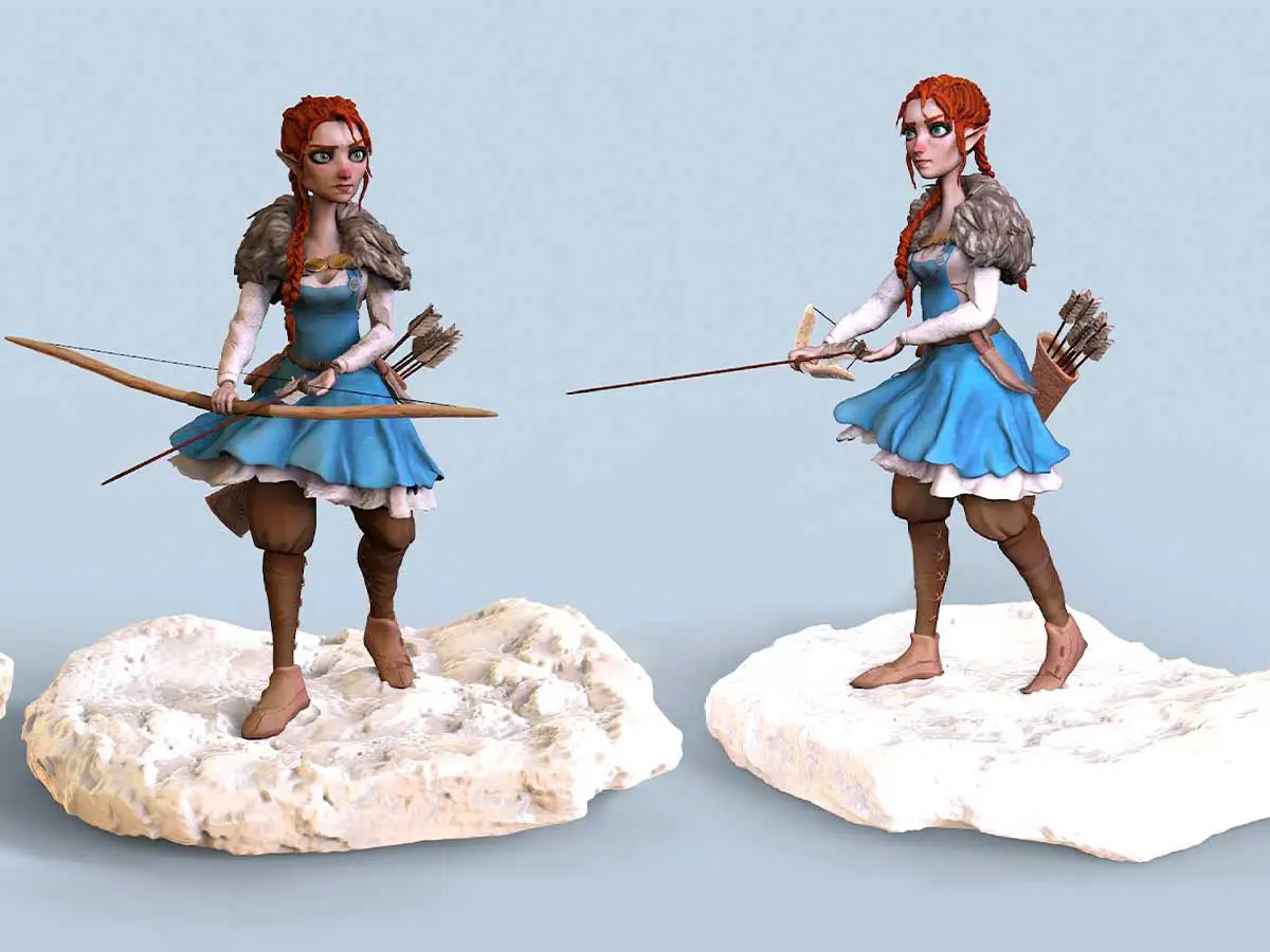 Different angles of a 3D model of a woman during winter with a bow.