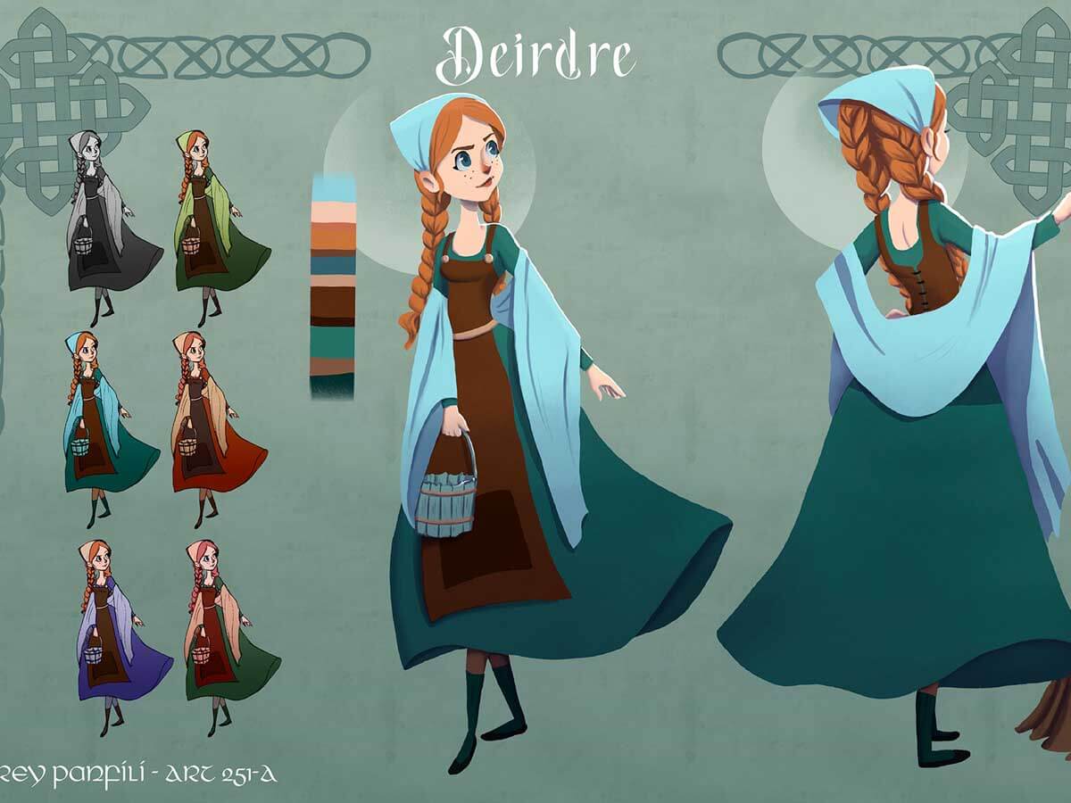 Character sheet for a red haired woman in a dress and headscarf.