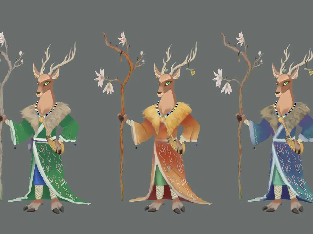 A drawing with 3 variants of a humanoid deer wielding a staff.