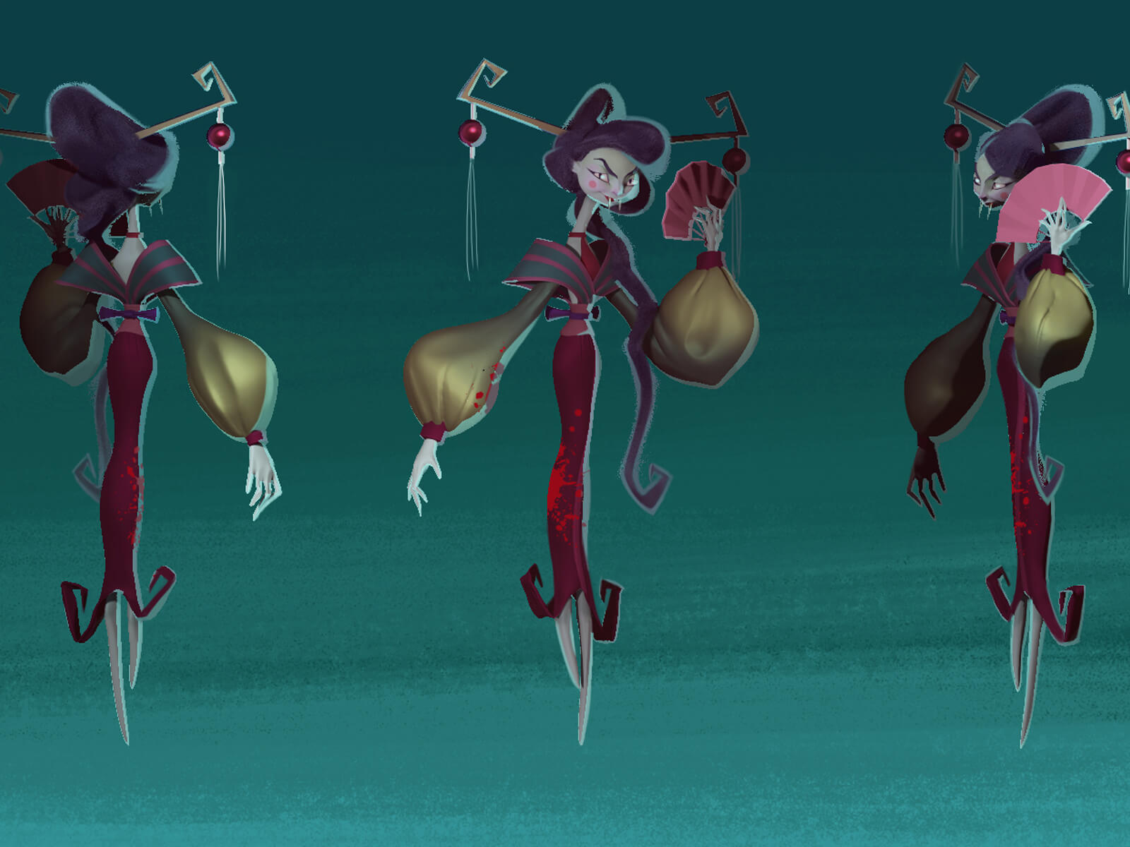 computer-generated 3D model of a female character carrying a fan with 3 views: back, head-on, and partial profile
