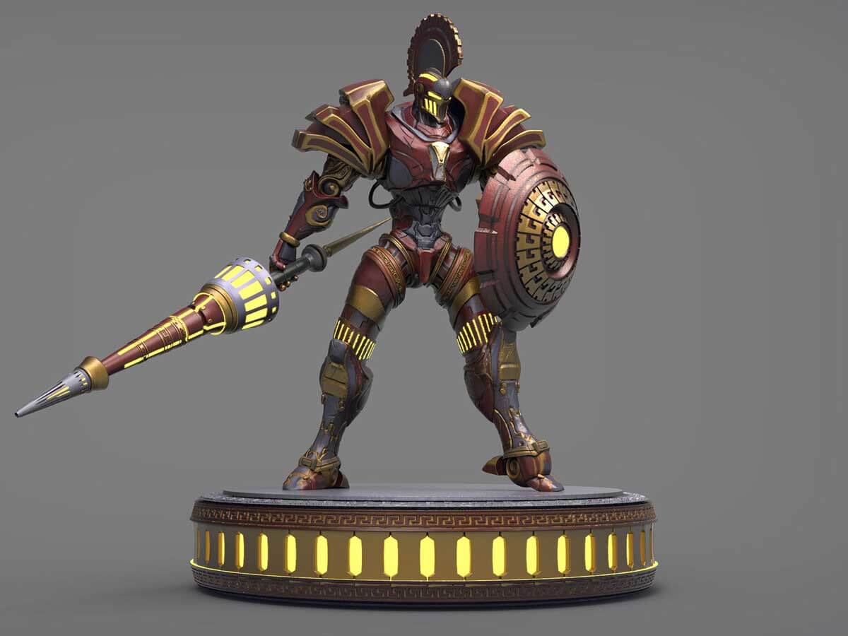 3D model of a robotic warrior with a lance and shield.