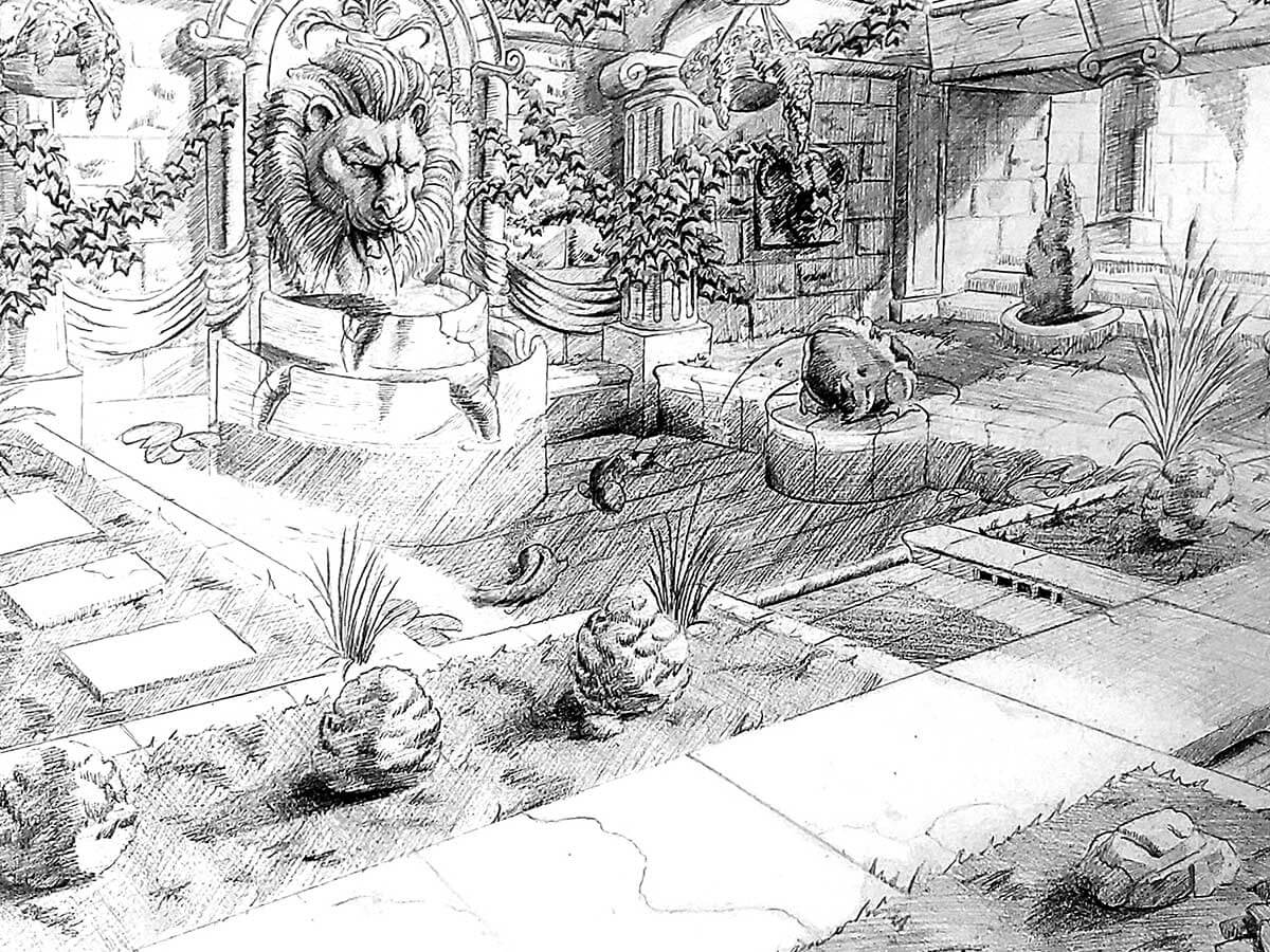 Sketch of a garden area with engraved architecture and décor.