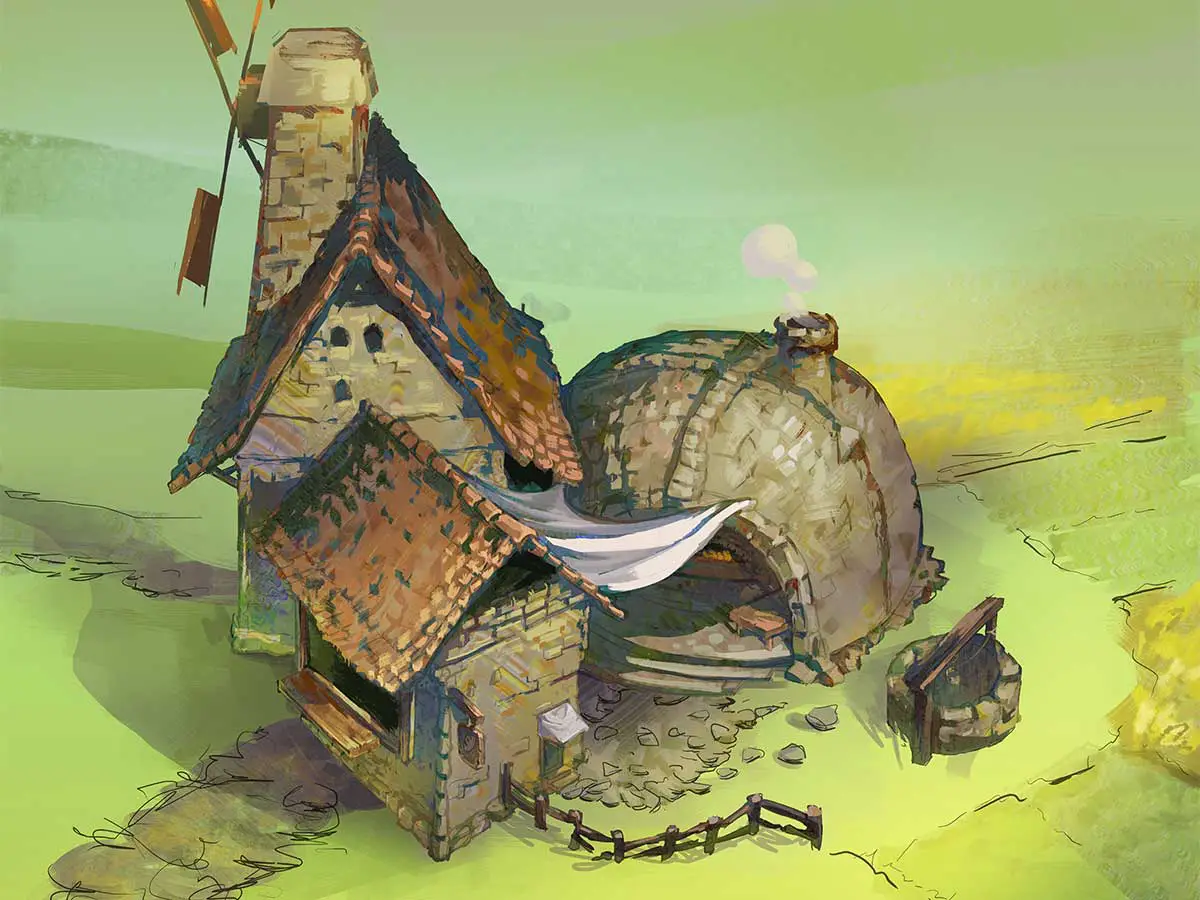 A painting of a medieval blacksmith's house and well.