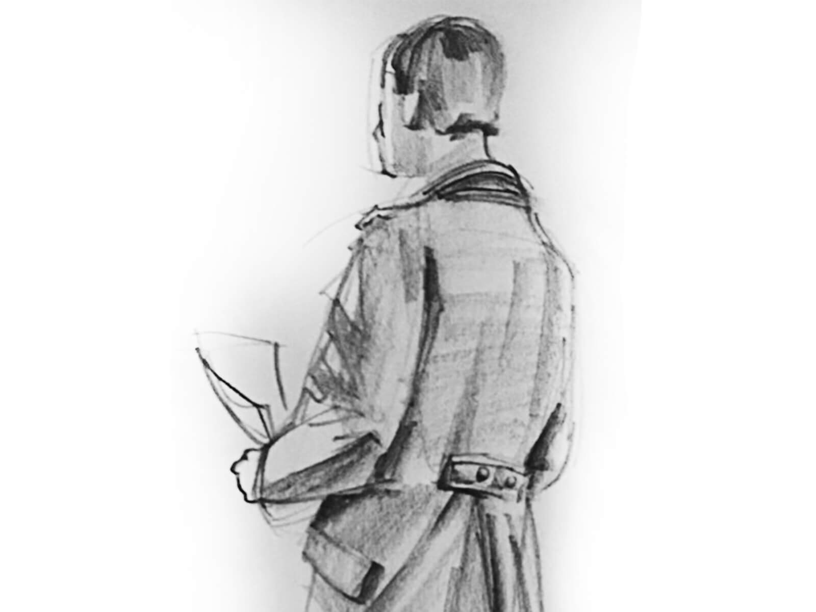 A sketch of a man in a raincoat with his back to the artist