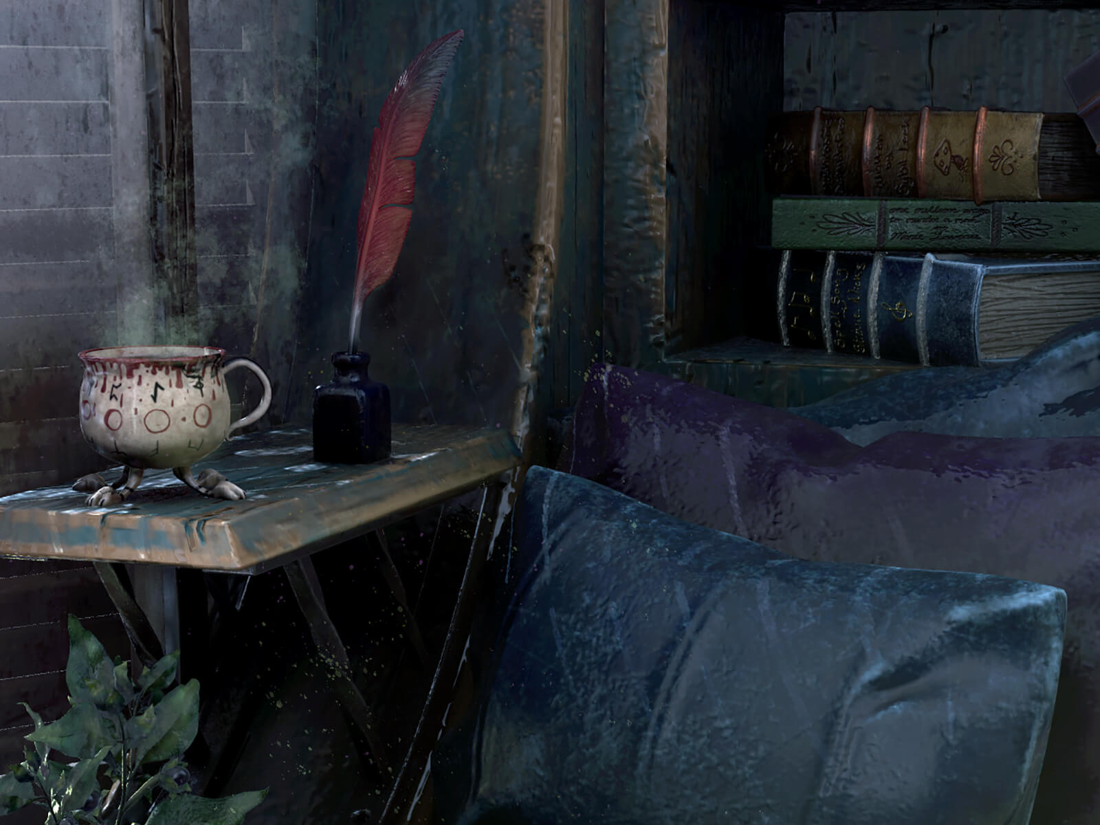 A spot for reading with pillows, a book, an ink well, and quill.