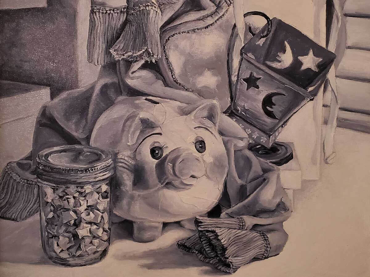 Sketch of a few household objects with a piggy bank at the center.