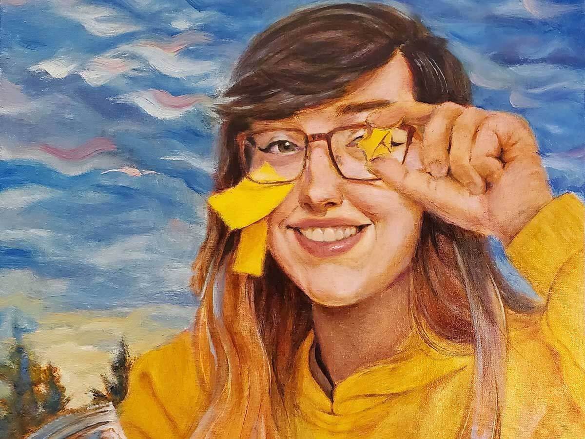 Painting of a young woman with sticky notes on her glasses.