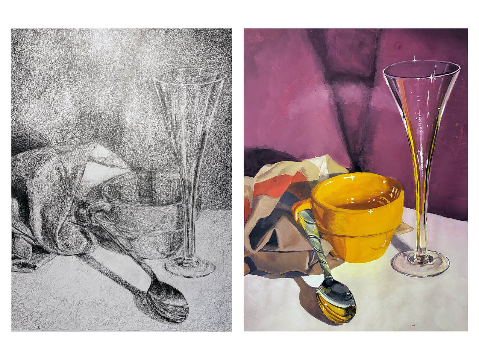 Still-life with mug, spoon, and glass, in black and white and color