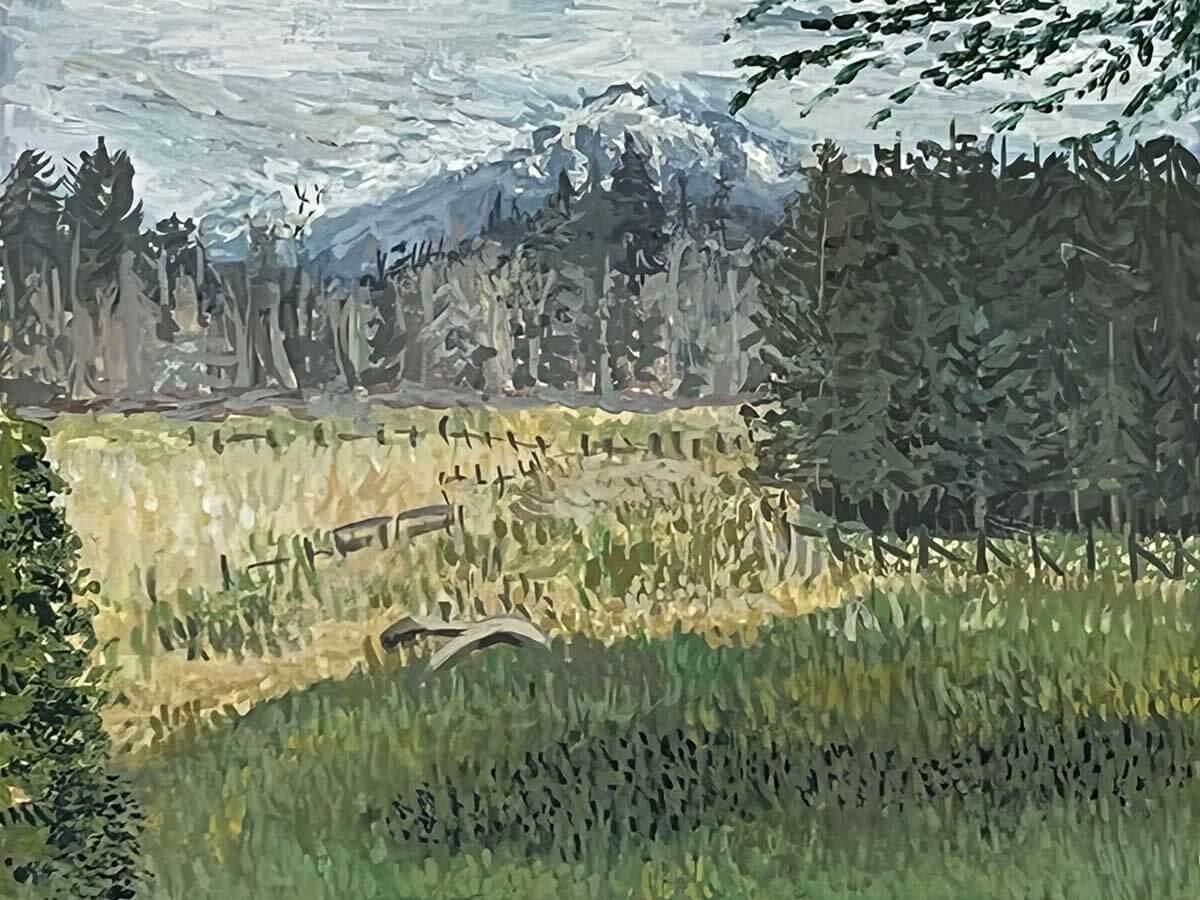 Painting of a meadow with a mountain in the background.