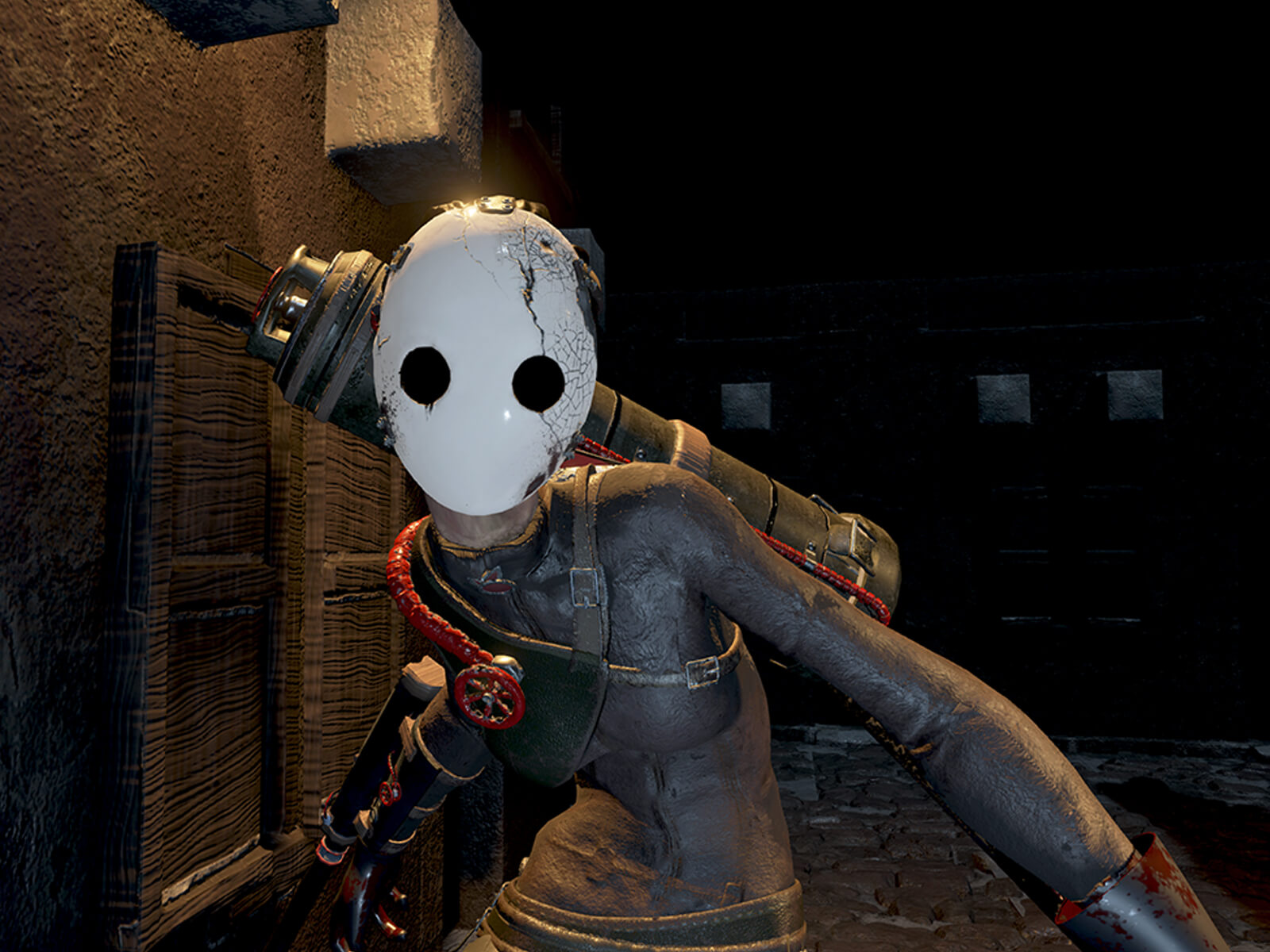 computer-generated 3D environment featuring a character with a shiny, egg-like mask in a dark alley