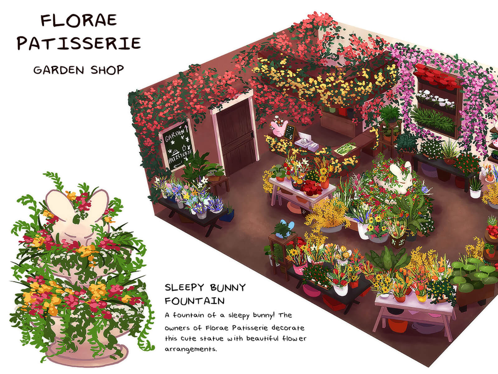 A cut-away view of a garden shop filled with flowers