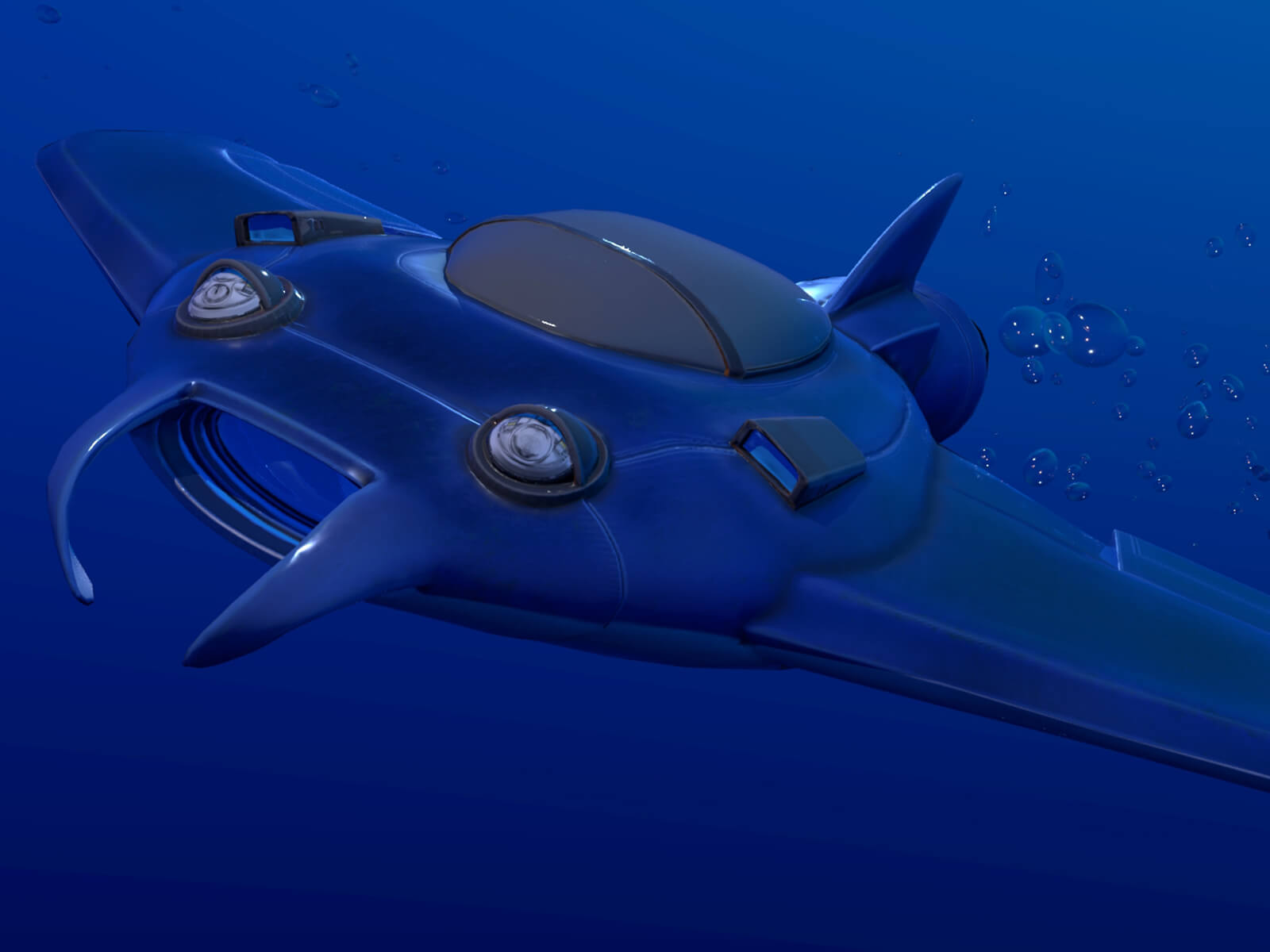 A disc-shaped underwater craft with wings and a fin