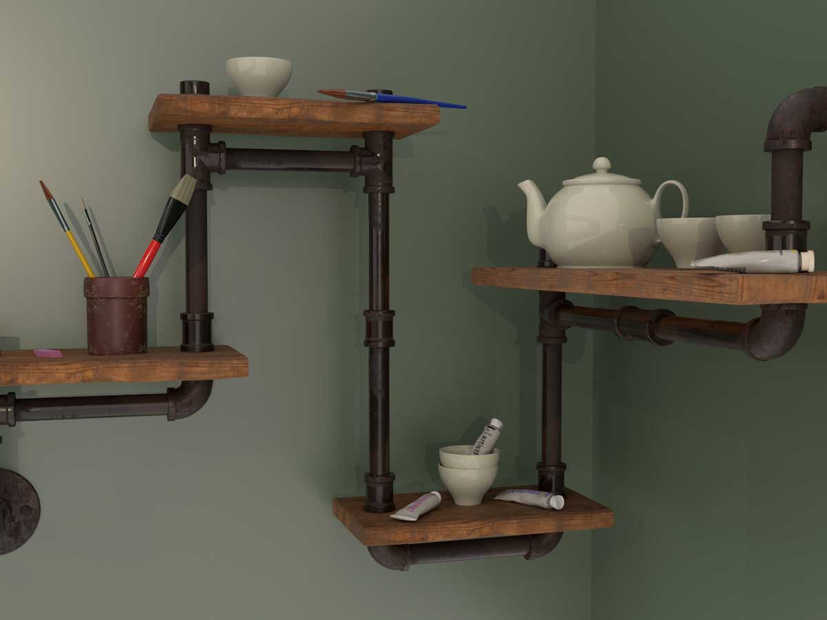 Rendered scene of various containers sitting atop wooden shelves supported by steel pipes