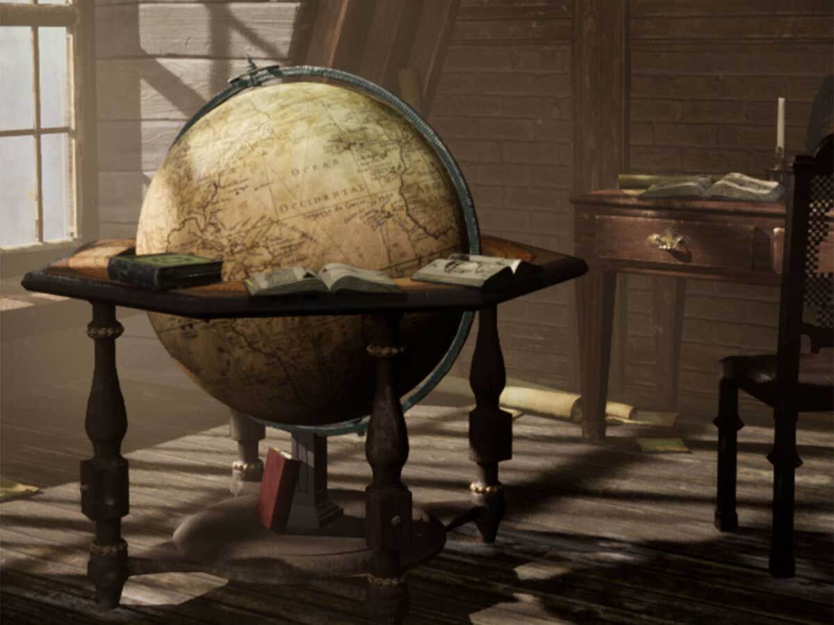 A world globe sits in a rustic room near a window