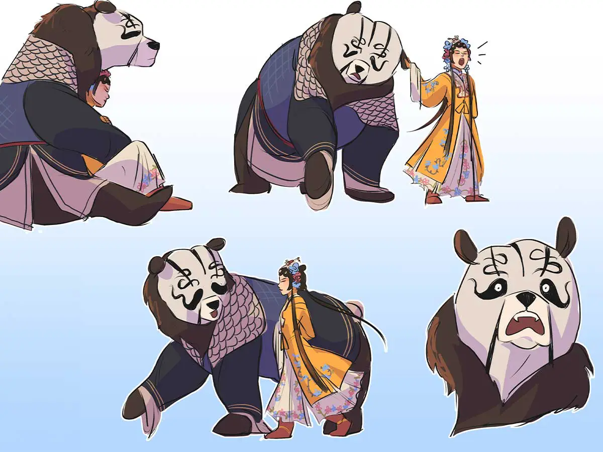 A collection of drawings of a panda and a person in fancy attire.