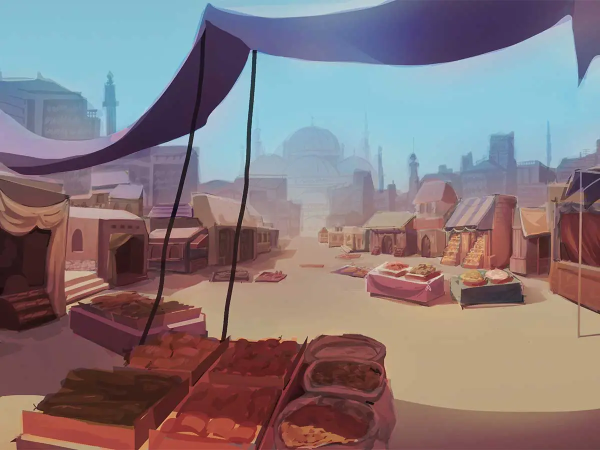 A painting of a market in a desert city.