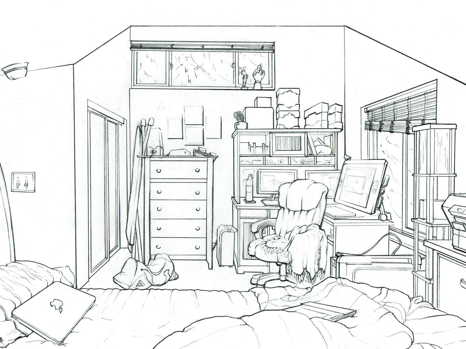 black and white persepctive drawing of a cozy bedroom with a dresser, desk with 3 computer monitors and unmade bed