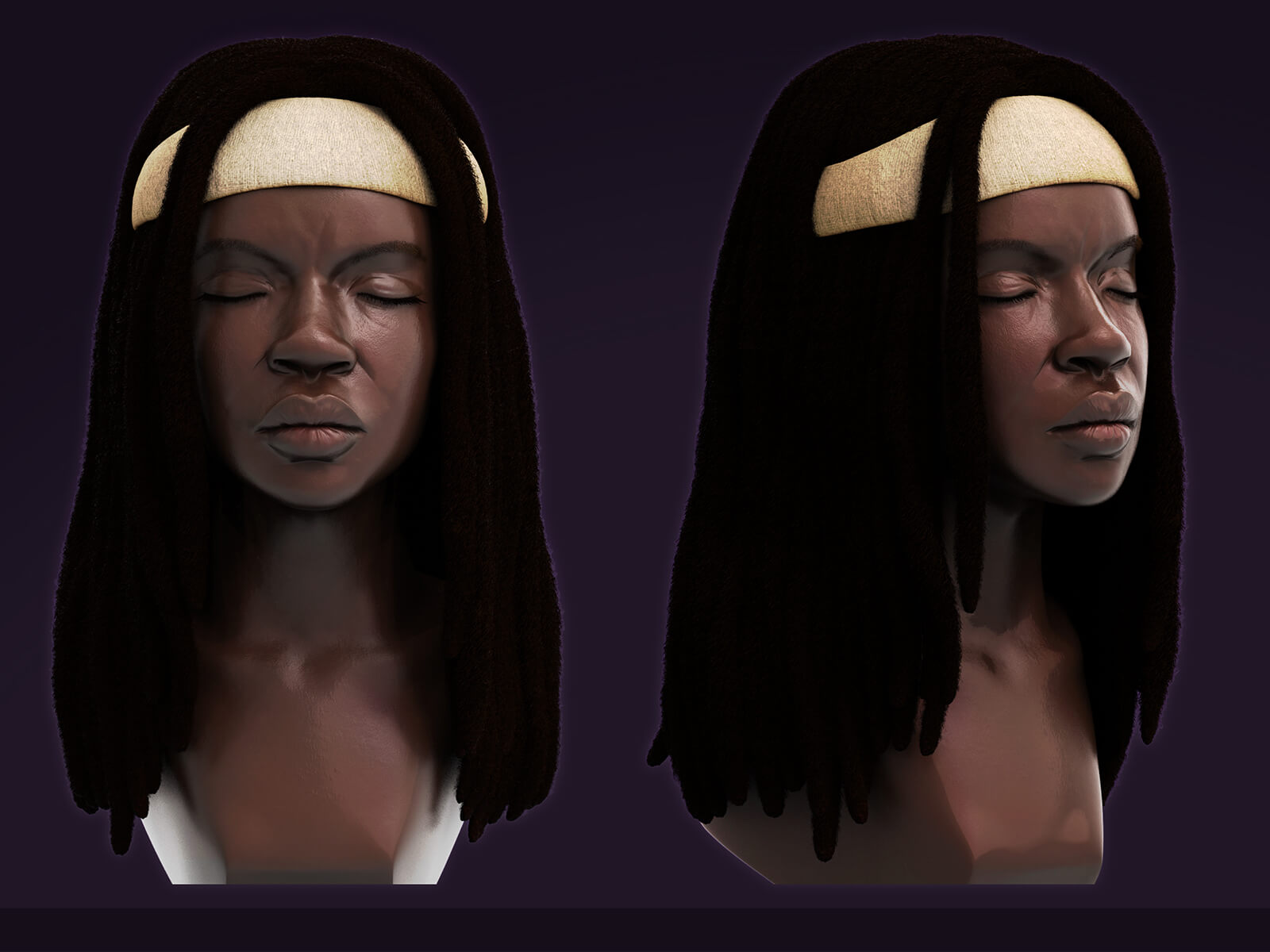 Three angles of a woman with dreadlocks and a white headband