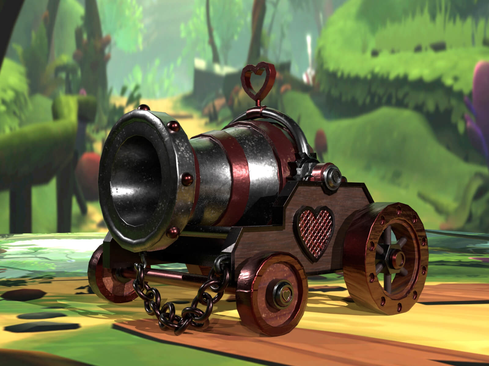 A cannon with a heart on its side in a cartoon world