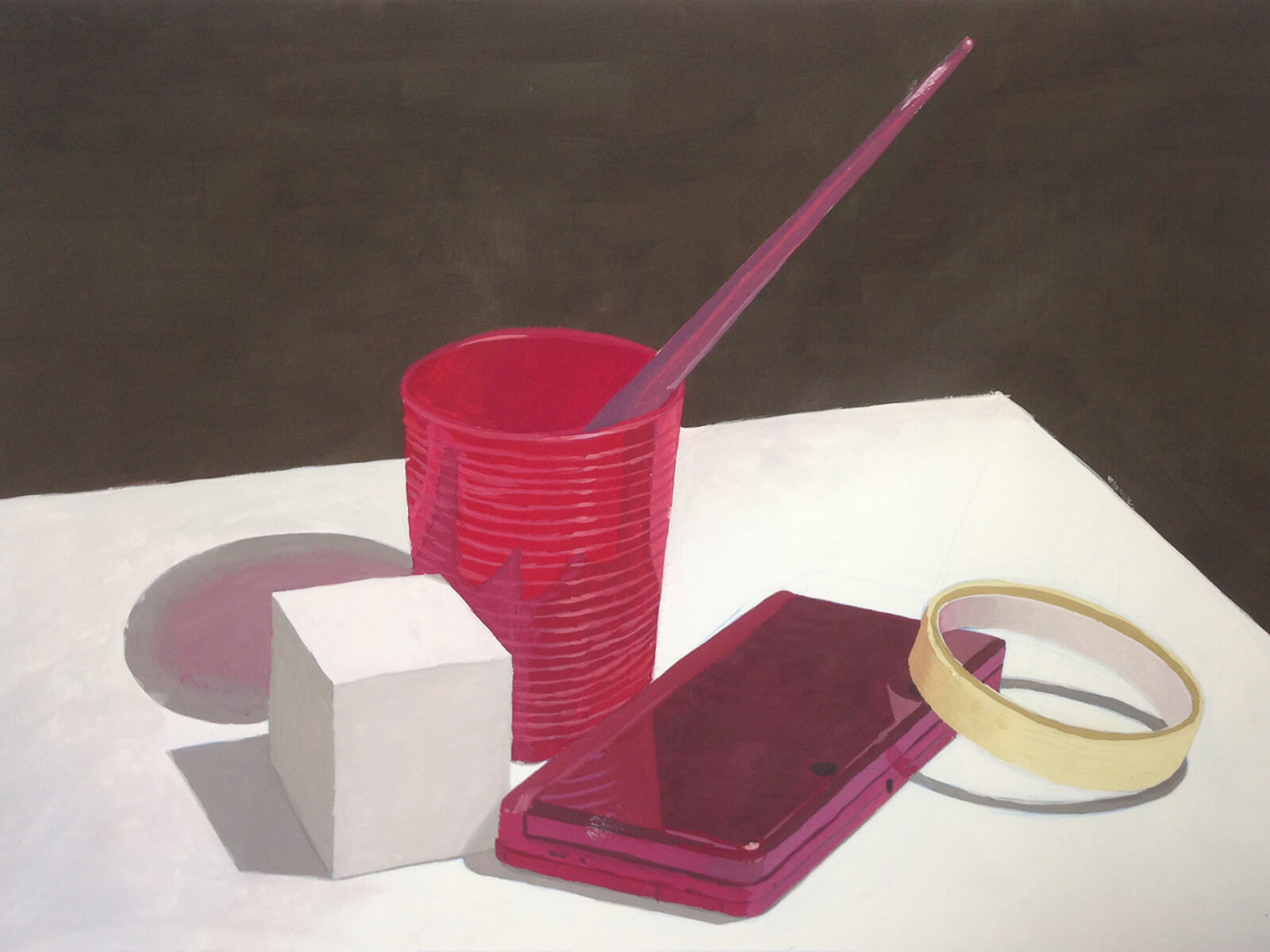still-life traditional painting of a paintbrush in a red mug, white cube and nearly-finished roll of tape