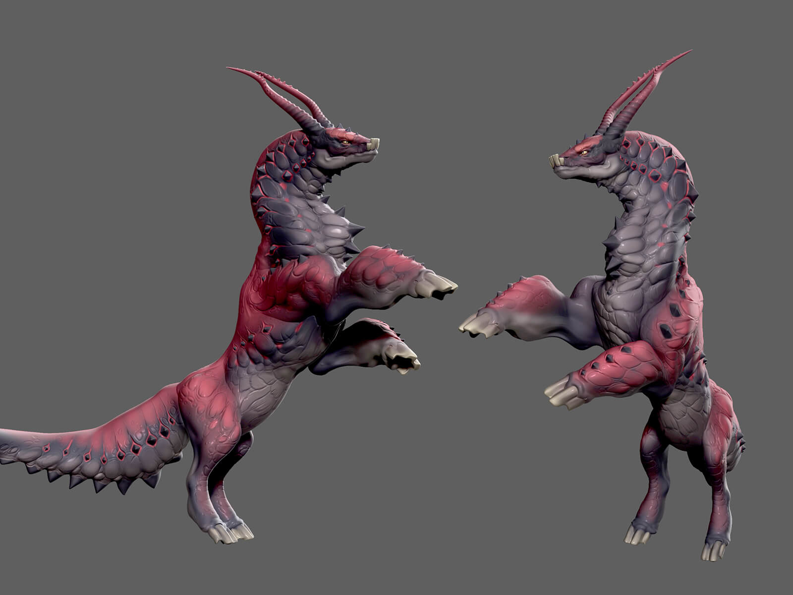 Two angles of a dragon-like creature standing on its hind legs