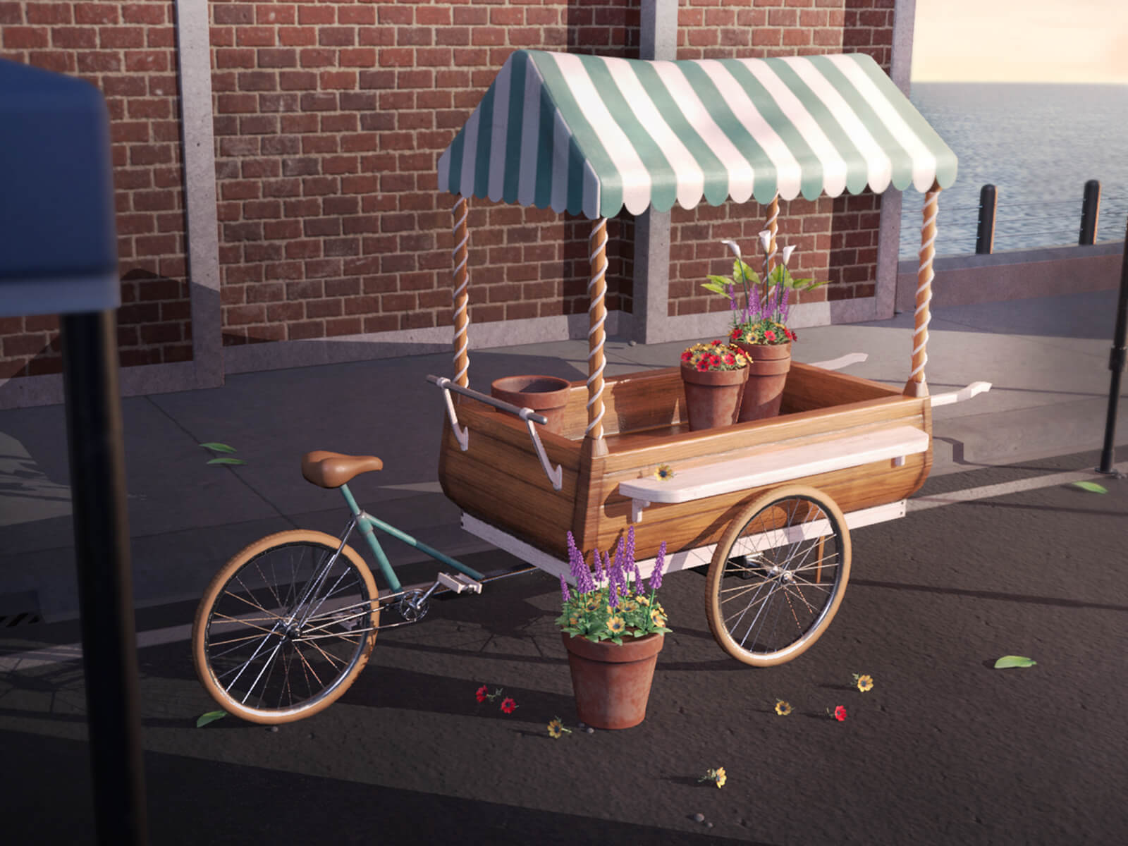 A bicycle with a cart attached carrying potted flowers