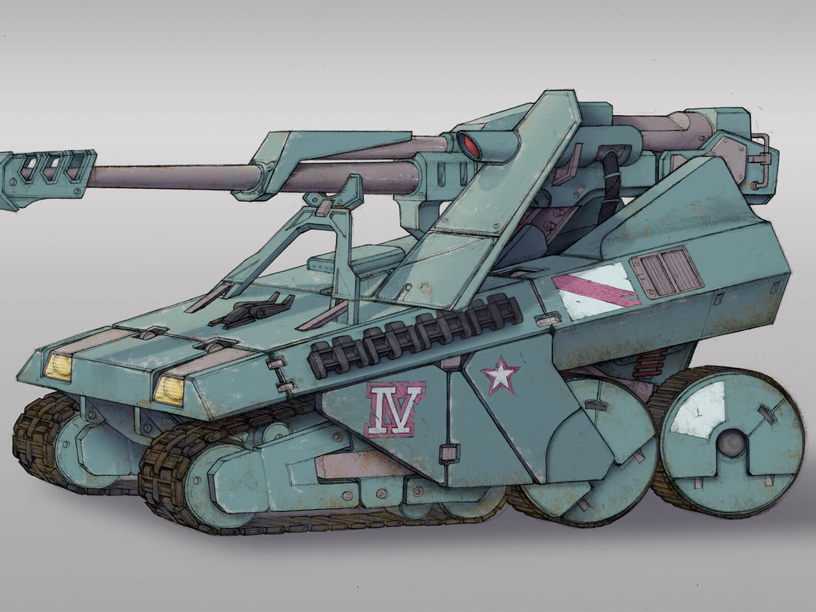 A sturdy military tank with a large gun and IV printed on the side