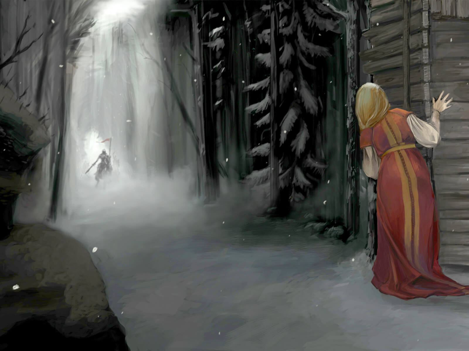 digital painting of a blonde female character peering through the trees at an approaching knight on a horse