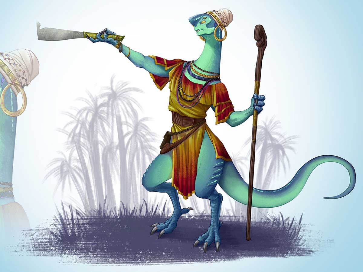 Drawing of a bipedal reptilian creature pointing with a machete.