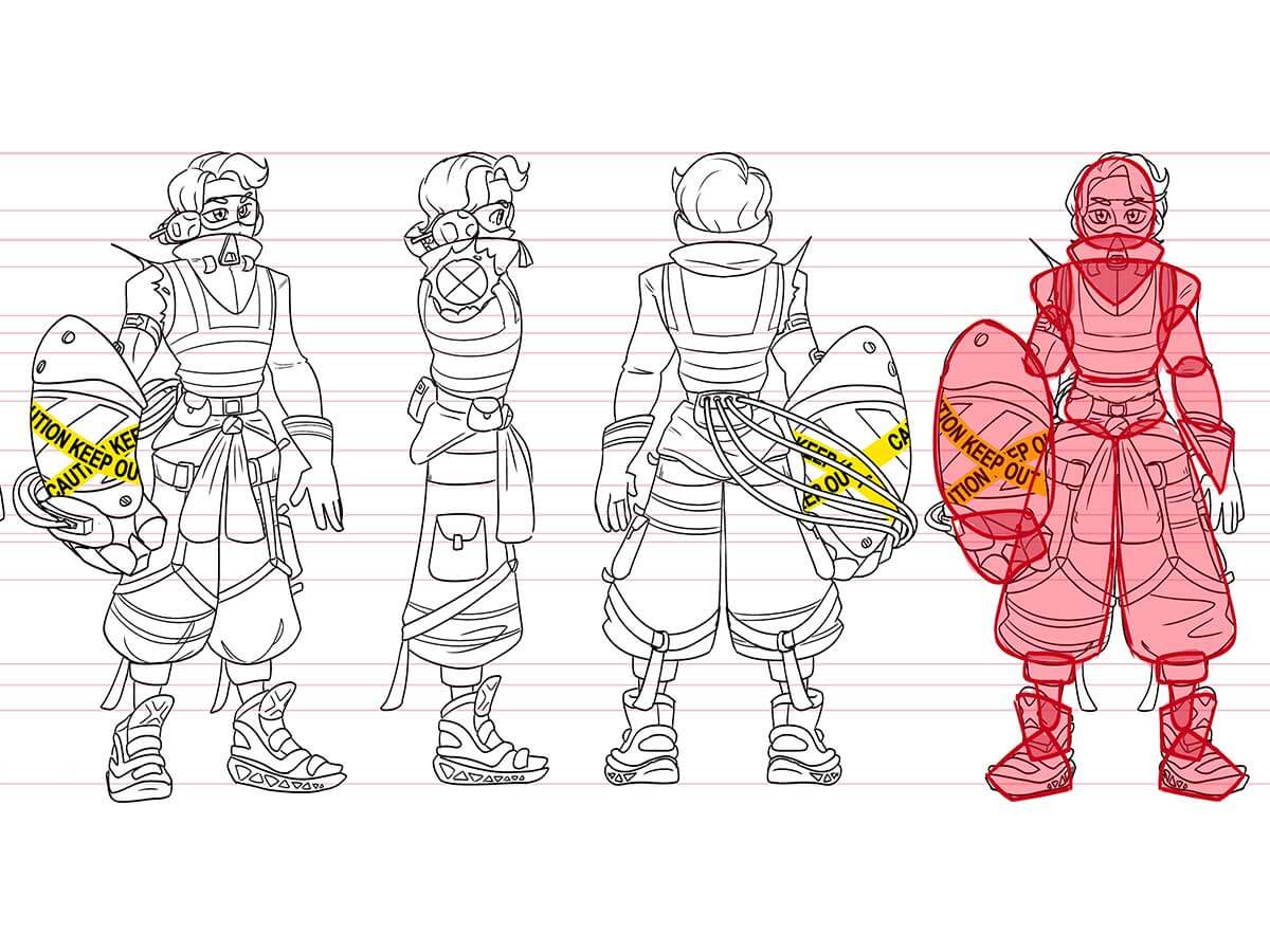 Concept art of a hero with a bulky robotic fist.