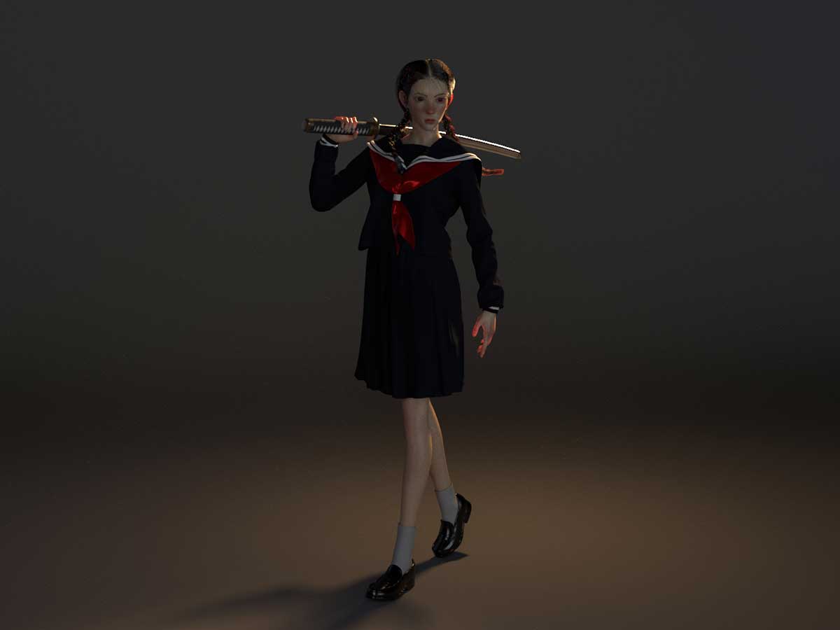 A detailed look at a girl in a uniform holding a katana.