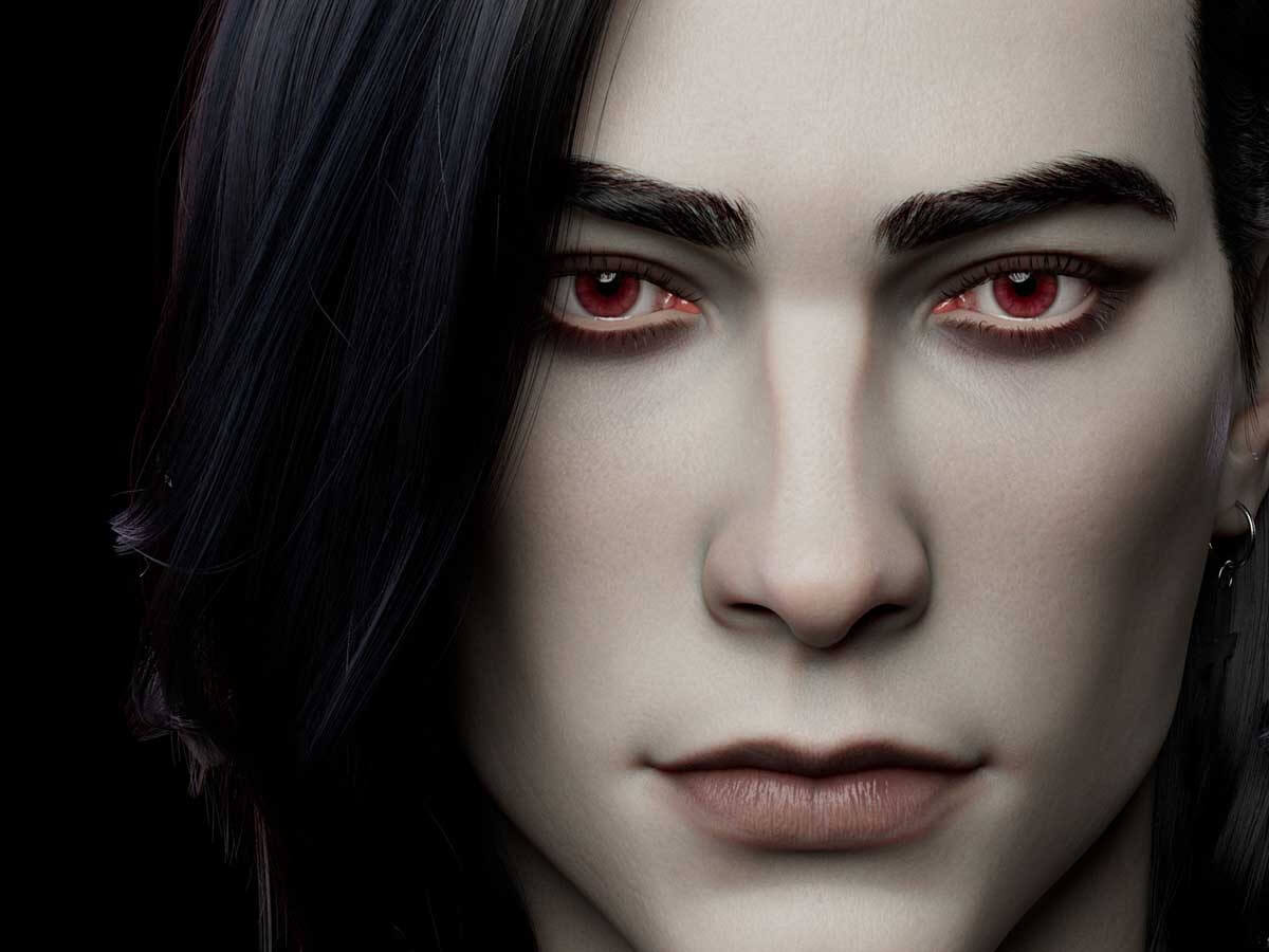 Close up of a pale person with red eyes and black hair.