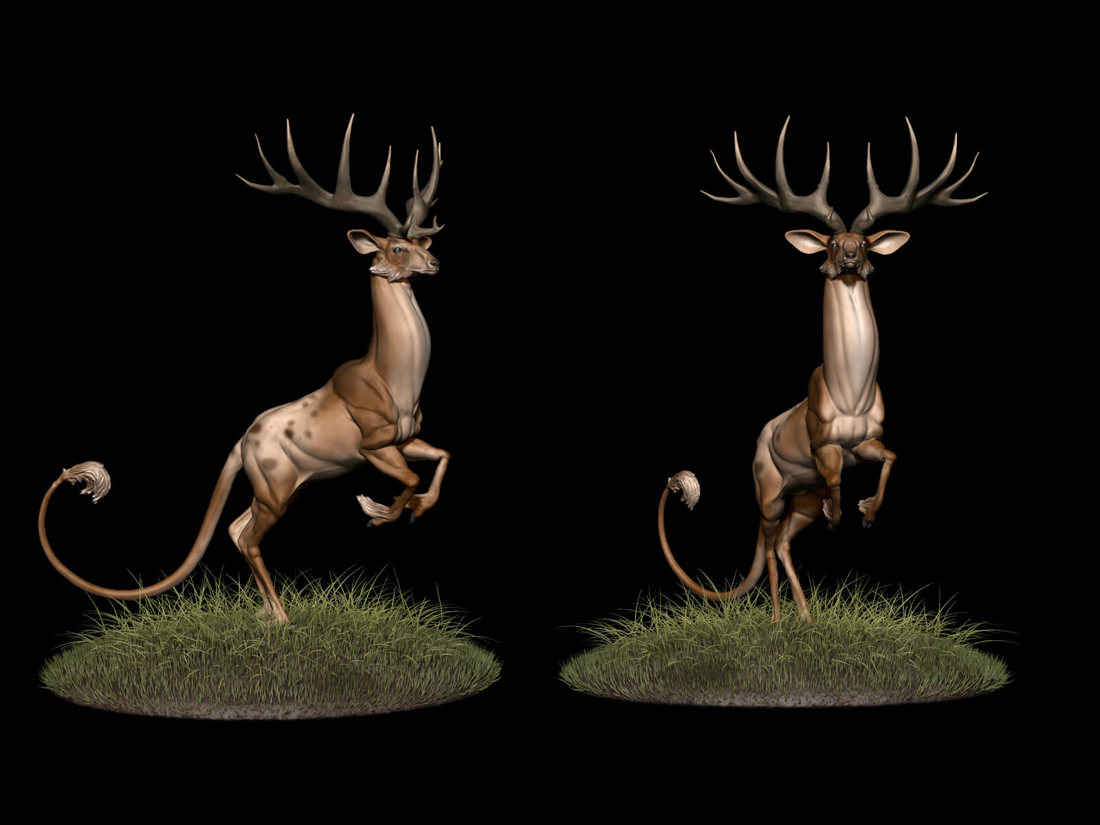computer-generated 3d model of a deer-like creature on its hind legs