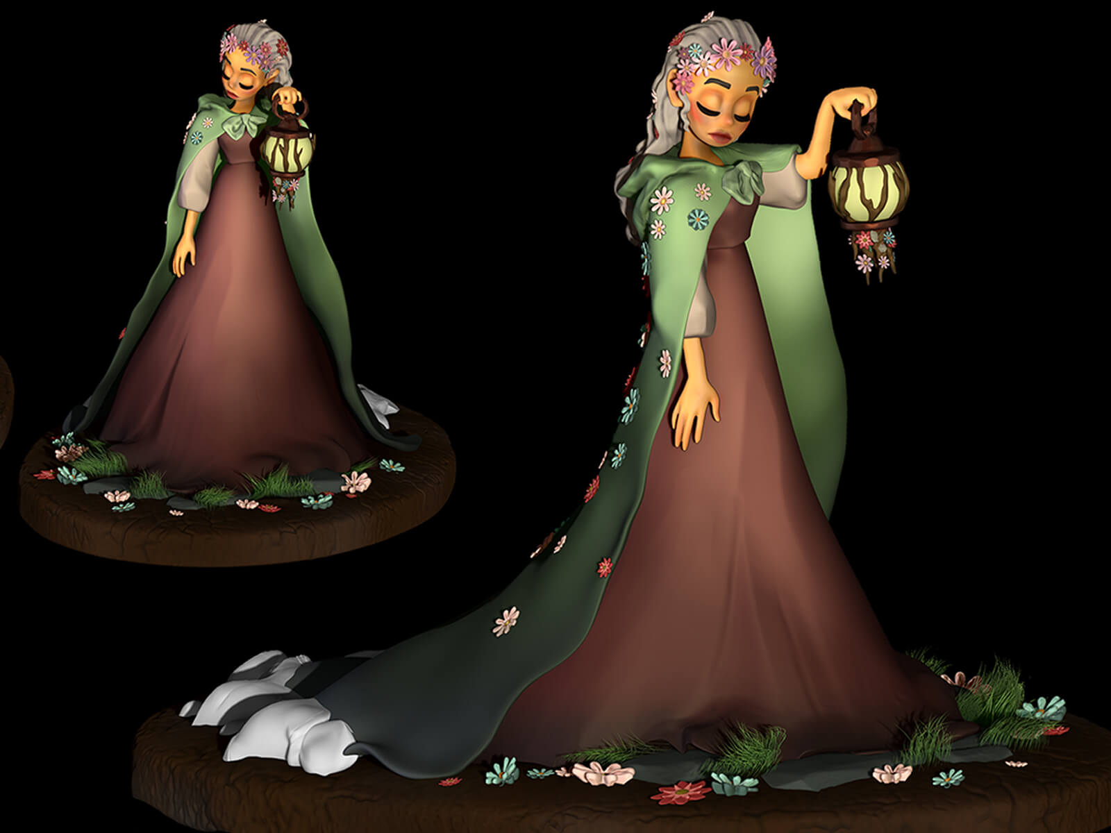 computer-generated 3D model of a female character in a long dress and cape adorned with flowers, holding a lantern