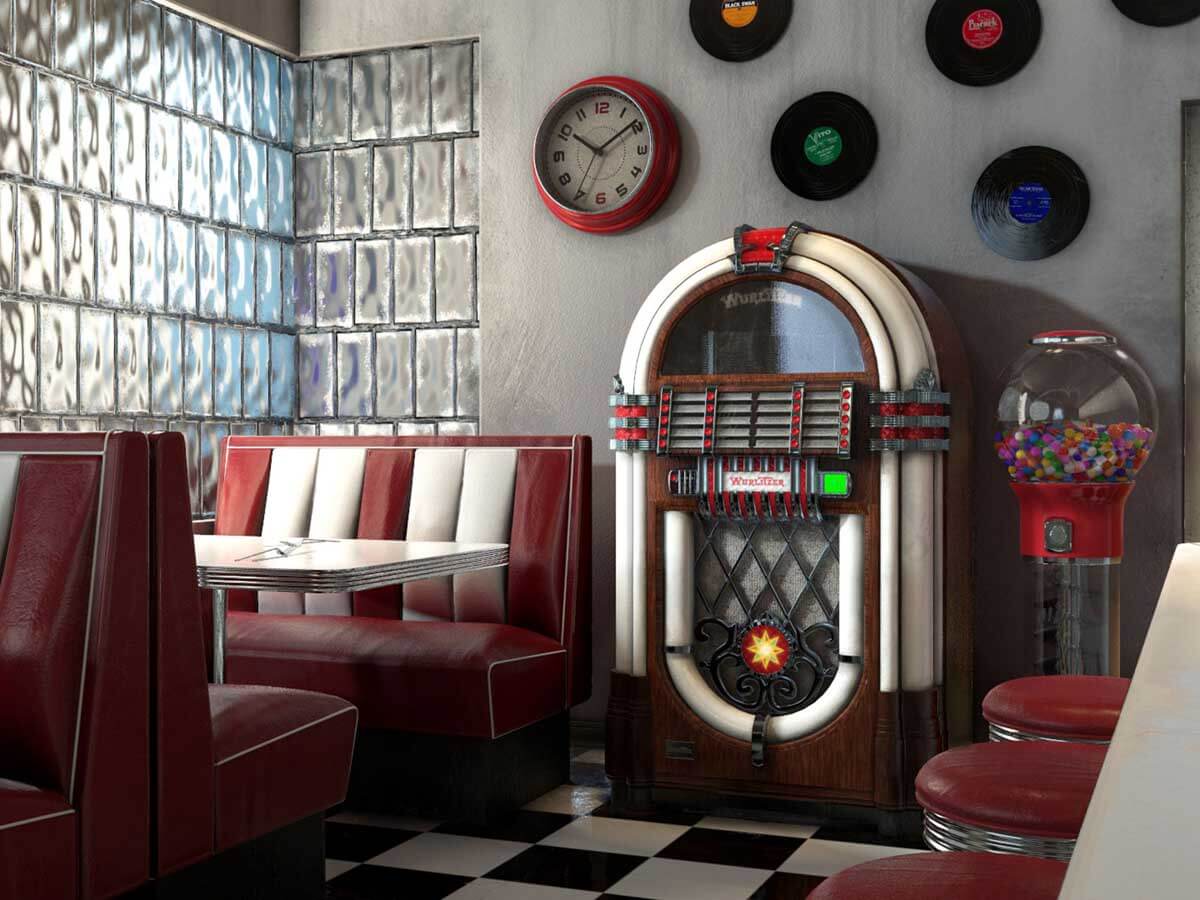 An old fashioned diner with a jukebox next to a gumball machine.
