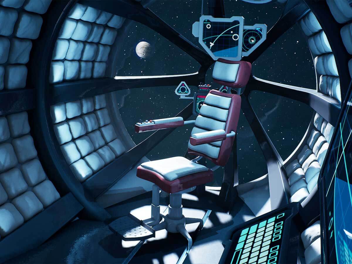 Interior of a futuristic space station with a chair by a window.