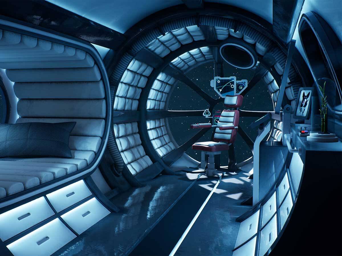Interior of a futuristic living quarters in a space station.